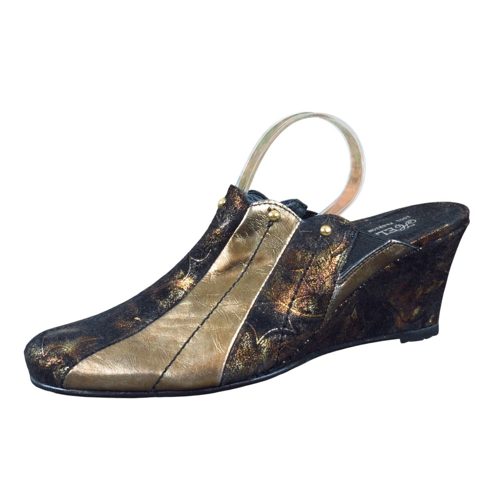 Helle Comfort Womens Wedge Mules Size 41 Dressy Evening Black Gold Metallic